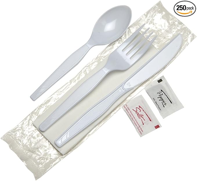 Georgia-Pacific Dixie Wrapped Medium-Weight Polystyrene Plastic Fork, Knife, Teaspoon, Napkin, Salt And Pepper, Cutlery Kit by GP PRO (Georgia-Pacific), Whte, CM26NSPC7,(Case of 250 Kits), White