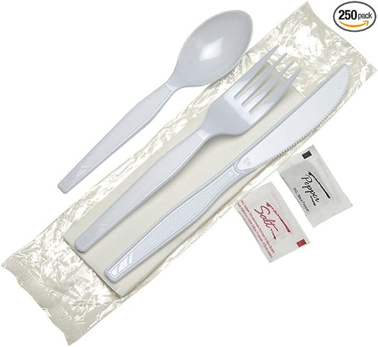 Georgia-Pacific Dixie Wrapped Medium-Weight Polystyrene Plastic Fork, Knife, Teaspoon, Napkin, Salt And Pepper, Cutlery Kit by GP PRO (Georgia-Pacific), Whte, CM26NSPC7,(Case of 250 Kits), White
